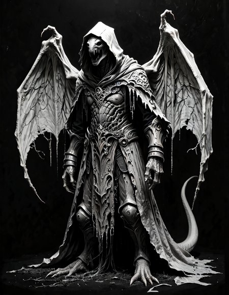 score_9, score_8_up, score_7_up, mm-style, monochrome, black background, (  lizard man, ), horror, dark fantasy, wearing armor, wearing hood, full body, wings, Megalith,lovecraftian, <lora:Monochrome_Monsters_Pony:0.8>