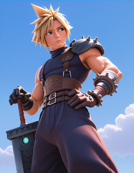 <lora:DisneyStudios_style-12IL:1>, DisneyStudioXL, cartoon, cinematic, 1boy, looking to the side, cloud strife, hand on hilt, hand on own hip, buster sword, from below, foreshortening, clear sky