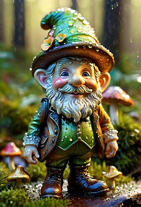 detailed leprechaun, weathered face, intricate clothing, rainbow slide, crystal-clear raindrops, golden light, whimsical forest, magical mushrooms, playful expression