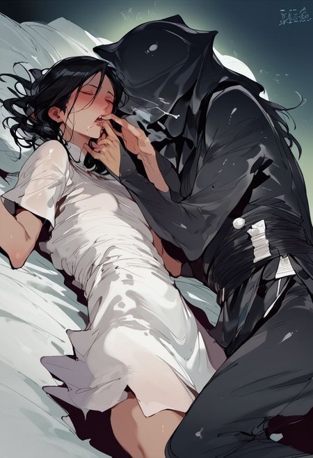 score_9, score_8_up, score_7_up, score_6_up, score_5_up, score_4_up, night, ((white bed)), (((bedroom))), ((young)), ((young body)), ((petite)), ((short)), (impact effect), (motion blur), (breath), (((((1girl))))), ((mouth poison liquid)), (((finger in the mouth by black bodysuit))), lying down, sleep face, ((((chloro)))), black hood, black skin, black face, black mask
yyjytjr856856356sd73, black hair, (((white victoria dress))),  (((white royal dress)))