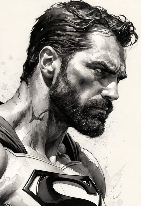 side view of Superman, handsome, bearded, mature, dirt, decadent, he is looking down sadly, black ink engravement, Steve McDonald style, Michael Garmash style, Adam Hughes style, neutral white background, ultra realistic, hyper detailed ink sketch, watercolor fill, black and white style