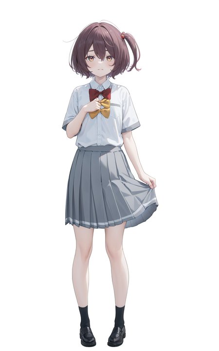 8k, best quality, masterpiece, (ultra-detailed), (high detailed skin), 
(full body:1.25), (white background:1.4), (simple background), standing, looking at viewer, (solo:1.2), 
<lora:Komari-a3-Tanger-000014:0.8>, Komari, default clothes, school uniform, 1girl, solo,  bow,  grey pleated skirt, bowtie, short sleeves,   white collared shirt,