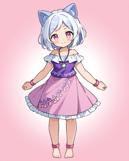 mitsugashira enoko,1girl, solo, >_<, barefoot, artist_name, facing_viewer, full_body, pink_background, x3, necklace, anklet, pink_dress, closed_mouth, purple_dress, smile, blush, simple_background, thick_eyebrows, glowing
<lora:mitsugashira_enoko_image296_2023-12-20-000030:1>,star-shaped_pupils,symbol-shaped_pupils,. gorgeous,key visual, vibrant, studio anime,award-winning, professional, highly detailed,high budget, cinemascope