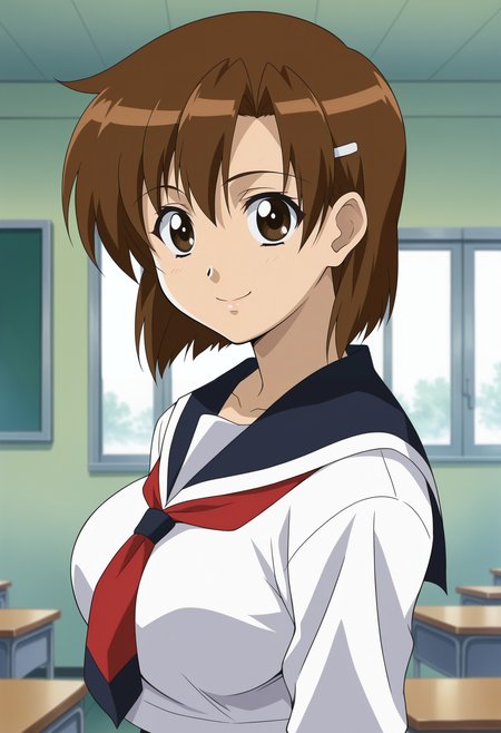 <lora:Kirie_Kojima-Girls_Bravo_r1:0.8>,1girl,solo,Kirie Kojima,brown hair,short hair,brown eyes,hairclip,large breasts,anime coloring,school uniform,serafuku,upper body,looking at viewer, indoors,smile