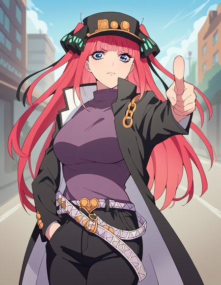 score_9, score_8_up, score_7_up, source_anime, <lora:nnakano-s2-ponyxl-lora-nochekaiser:1>, long hair, bangs, blue eyes, hair ornament, hair ribbon, pink hair, blunt bangs, two side up, butterfly hair ornament, large breasts,, <lora:kujo-jotaro-cosplay-ponyxl-lora-nochekaiser:1>, kujo jotaro cosplay, kujo jotaro (cosplay), gakuran, cosplay, belt, black headwear, black jacket, black pants, high collar, multiple belts, pants, shirt,, street, jojo pose, pointing, hand in pocket, cowboy shot, looking at viewer,