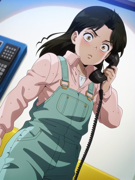 masterpiece, best quality, amazing quality, absurdres, newest, dynamic_angle, defined facial features, anime coloring, anime screencap,
 <lora:Anne_Merlai_IL1.1v0:1> merlai anne, brown eyes, pink shirt, green overalls, white undershirt, holding phone, phone,