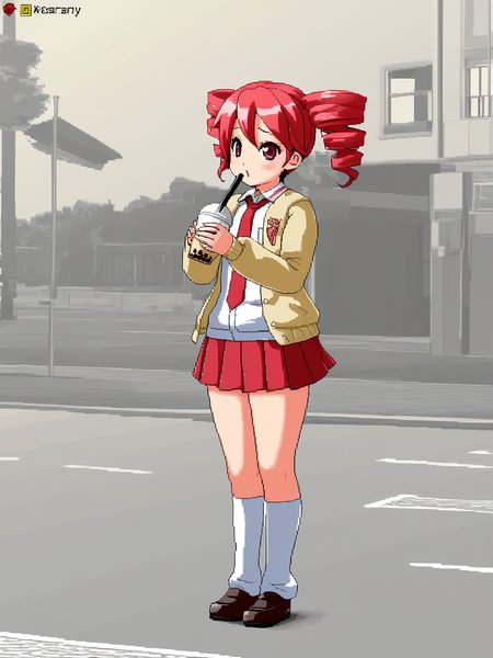 masterpiece, best quality, amazing quality, very aesthetic, absurdres,  (3d:0.4), limited palette, pixel art, jittering, outdoors,
<lora:isu:1>,  detailed_background,  break
1girl, kasane teto, standing, pleated skirt, open cardigan, gyaru, holding, bubble tea, street, school uniform,