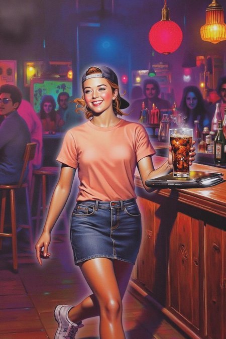 chenu1 illustration. 
The air buzzes with the energy of a busy bar, a mix of music, conversation, and the clinking of glasses. A barmaid, the embodiment of youthful vibrancy, navigates the lively scene. She wears a peach-coloured T-shirt, the soft fabric contrasting with the smooth, cold glass of coke she carries on a small tablet. Her short skirt adds a playful touch, and a backwards baseball cap hints at a carefree attitude. The setting and atmosphere are palpable: the warm, slightly sticky surface of the bar counter under her fingertips, the dim, colourful lighting that casts playful shadows. Sensory details are abundant: the condensation forming on the glass of coke, the texture of her denim skirt, and the way the bar lights catch the highlights in her hair. Her confident stride, her quick smile, and her efficient movements. Stylistically, the image draws inspiration from the vibrant, candid shots of nightlife photographers, with a touch of the stylized realism found in contemporary illustration. There's a deliberate contrast between the barmaid's youthful energy and the slightly worn, lived-in atmosphere of the bar, creating a dynamic and engaging image. 
 <lora:chenu2_poster_cap_d6a3:1.0><lora:822510001521232357:0>