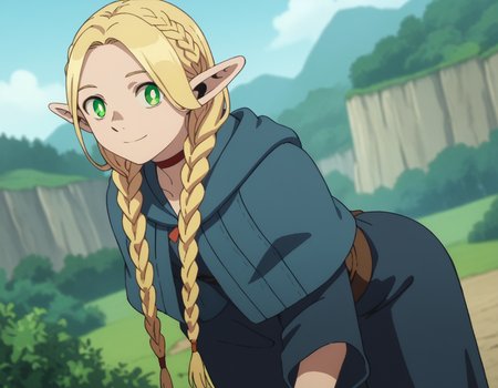 score_9, score_8_up, score_7_up, source_anime,
marcilledonato, <lora:marcille-donato-s1-ponyxl-lora-nochekaiser:1>,
marcille donato, long hair, blonde hair, green eyes, braid, pointy ears, twin braids, elf, bright pupils, parted bangs,
choker, robe, red choker,
outdoors, landscape, bent over, smile,
looking at viewer, solo, cowboy shot, dutch angle,