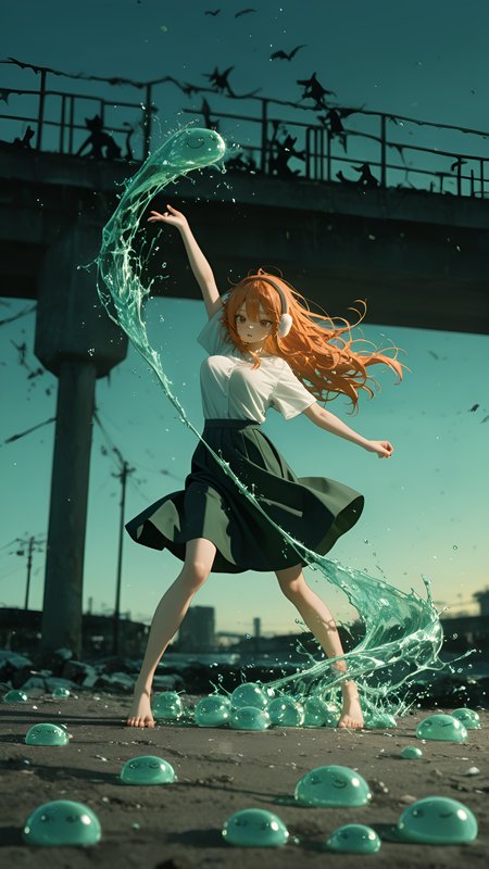 barefoot, amazing quality, slime_(creature), absolutely eye-catching, absurdres, long_nails, perky breasts, tan skin, long messy hair, anime character, Multi-panel layout, ray_tracing, Tohru, ambient occlusion, HDR, broken structure hanging down., firing twin pistols simultaneously (akimbo), vampire, Ginger hair, cat_girl, ultra-detailed, Sheer white blouse with no bra, masterpiece, Collapsed bridge over gorge, Standing with arms swinging naturally, nail_polish, Shadow Play, lonely, multiple others, very aesthetic, long hair, Mint Theme, 8K, dusk, blurry foreground, motion_blur:1.1, newest, best quality, motion_lines:1.1, depth of field, paired with a wool skirt and fur earmuffs.
