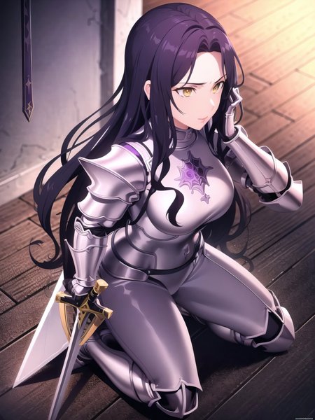 <lora:Name:0.5>
a woman in armor , dark purple hair, light yellow eyes, sword in hand, knight, kross, erotic, kneeling, church
masterpeace, best quality, (extremely detailed CG:1.4), highly detailed faces ,glowing colors