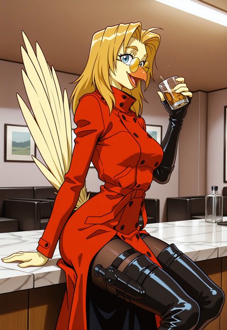 1girl, (solo), littlewing, (orange beak), (light yellow skin), colored skin, big eyes, blue eyes, one tone skin, (light yellow feathers), long hair, light orange hair, light orange eyebrows, narrow eyebrows, light yellow hands, eyelashes, open mouth, in heat, fur, body fur, light yellow bird tail, tail raised,

narrow waist, medium breasts, skinny, arched back,

red coat,buttoned,one long glove,left long glove,black footwear,shoes,loafers, thigh boots, black pantyhose, thigh holster, holding whiskey, round eyewear, yellow sunglasses,

indoors,restaurant, cowboy shot, dynamic pose, from side, sitting, looking at viewer,

masterpiece, best quality, amazing quality, very aesthetic, absurdres, newest, 