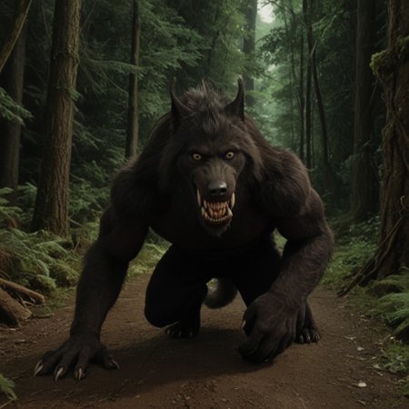 score 9, score 8, score 7, score 6, 1boy, furry male, solo, black fur, animal ears, yellow eyes, sharp teeth, claws, werewolf on down on all paws with tail in the air, wagging tail, trying to look friendly, forest