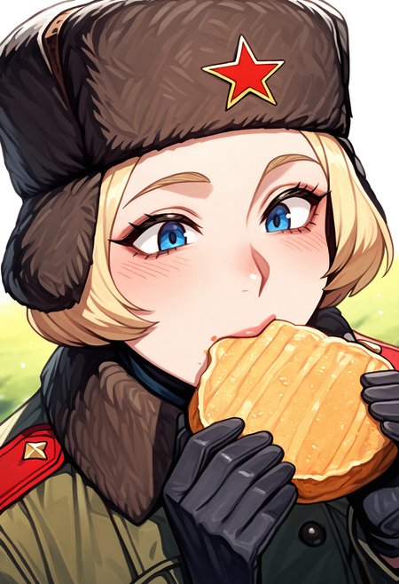 mature female, 1girl, black gloves, blonde hair, blue eyes, coat, eating, field_ration, fur hat, gloves, green coat, hat, military, military uniform, red_\star\, solo, soviet, Soviet army, \star\ (symbol), ushanka, light particles, detailed lighting, blurry background, depth of field, (masterpiece), (best quality), (ultra-detailed), highest quality, very aesthetic, (heavyt film grain), masterful composition, intricately detailed, incredibly absurdres, newest, latest, cpsle2, <lora:d71c8498-e5a6-4463-abd3-e7a4542c4d49:0.4>, <lora:9c287482-14ff-4764-8cc1-b721d2fb65f3:0.9>