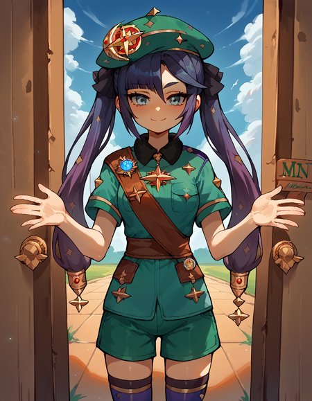 score_9, score_8_up, score_7_up, source_anime, <lora:mona-megistus-ponyxl-lora-nochekaiser:1>, mona megistus, long hair, bangs, hair between eyes, twintails, purple hair, medium breasts, <lora:girl-scout-uniform-ponyxl-lora-nochekaiser:1> girl scout uniform, badge, beret, breast pocket, girl scout, green hat, hat, short sleeves, shirt, green shirt, shoulder sash, medal, button badge, uniform, shorts, green shorts, short shorts, kneehighs,, smile, blush, looking at viewer, blue sky, clouds, entrance, doorway, <lora:incoming-gift-ponyxl-lora-nochekaiser:1>, incoming gift, outstretched arms, holding, holding box, box, cardboard box,, cowboy shot,