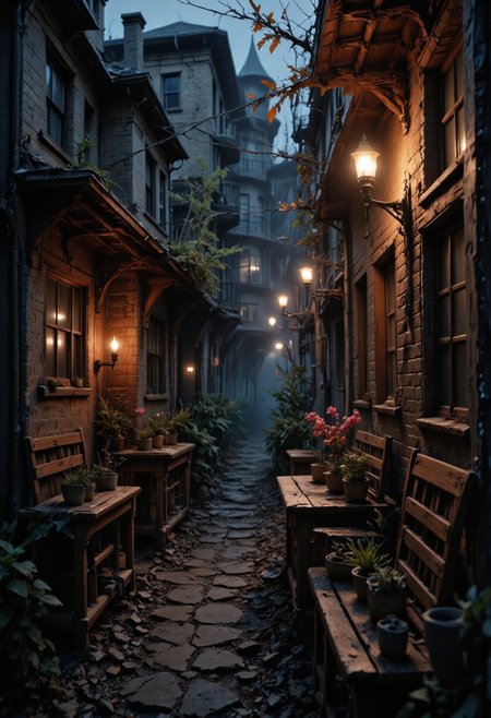oil on dirty gauze, those who go to bed have a good night's sleep, residential area of ​​the city, epic, hyperrealism, fantasy atmosphere, ferrotype defects, candle, visual paradox, causticity, dark theme, cuteness overload, ladyrecore, chiaroscuro, vanishing point, professional, artistic masterpiece portrait, multilayer sheets, techniques used: lithography, chiaroscuro, atmospheric perspective, Engine of Unreality, Greg Rutkowski. 8k uhd, dust particles.