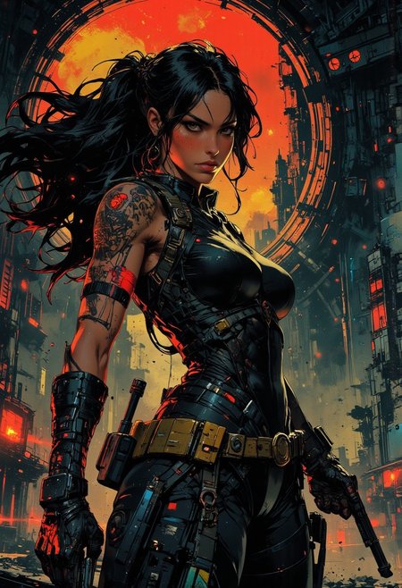 in the style of ck-mgs, nistyle, Inkplash art on rice paper, sepia, henna, Silhouette Art, magnificent, inksplash, closeup portrait, female space pirate, outlaw, large breasts, toned arms, flowing black hair, reflective black and neon red armor, armor, large breasts, holding two pistols, abstract background suggesting a futuristic city, the belly of a spaceship opening up with a ramp, midnight atmosphere, moonlight, moon rays, night, Cowboy Shot, close up,