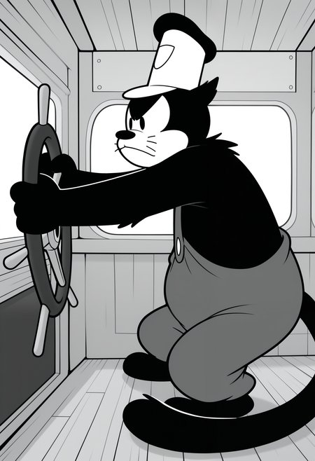 masterpiece,best quality,amazing quality,1boy, solo, p3t3, monochrome, furry male,  whiskers, tail, captain hat, overalls, on ship, holding_steering_wheel, 