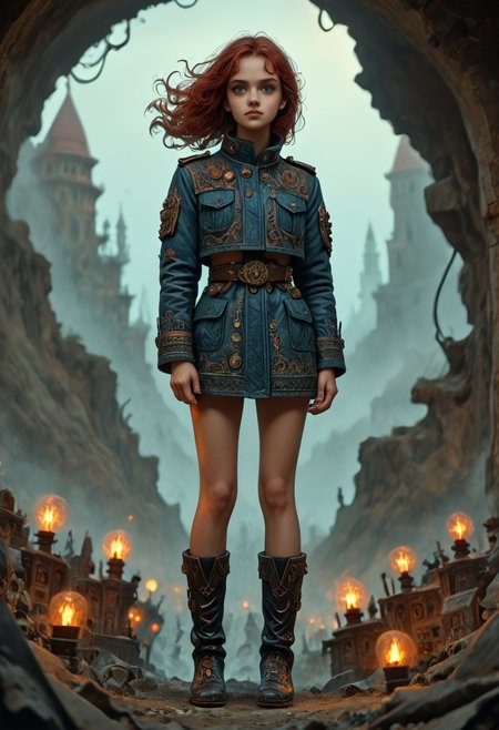 1girl, side view, she is Nausica of the Valley of the Wind, solo, masterpiece, absurdres, best quality, (colorful), cinematic lighting, realistic, dynamic pose, extremely detailed, head turned to look at viewer, red hair, beautiful detailed face,(intricate detailed blue short military jacket with gold inlaid, short miniskirt, military black boots), ((she has an extremely detailed flintlock musket in her hands)), stands alone on top of a crag among the mountains with a deep valley below, there are big stone windmills down in the valley with their blades turning in the strong wind, solo, masterpiece, absurdres,  dynamic pose, the Sun shines over her, sun rays in her hair,subsurface scattering, remarkable color, ultra realistic, textured skin, remarkable detailed pupils, realistic dull skin noise, visible skin detail, skin fuzz, dry skin, bokeh, sharp focus on subject. no headgear,extremely detailed, looking at viewer, beautiful detailed face, subsurface scattering, remarkable color, ultra realistic, textured skin, realistic dull skin noise, visible skin detail, skin fuzz, dry skin, bokeh, sharp focus on subject.