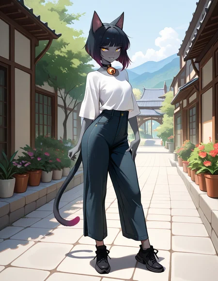 masterpiece, best quality, very aesthetic, absurdres,
outdoors, casual, 
full body, standing, posing,
seductive smile, parted lips, long eyelashes,
<lora:Agnes_v01_NAIXL:1>
4gn3s,1girl,solo,cat girl,cat ears,multicolored hair,bangs,bob cut,yellow eyes,neck bell,grey skin,cat tail,