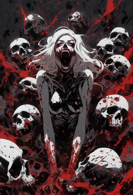 8k, cinematic, chromatic aberration, dark scene, female standing facing, mountain of small skulls, (((Blood Splatter))), Black paint Splatter, (pale white red eyes, (beautiful, attractive), mouth open, screaming, (clawing, scraping, grasping), looking up), (nude, full body, (legs apart, legs spread)), black wings, (dark moody, volumetric, dimly lit)