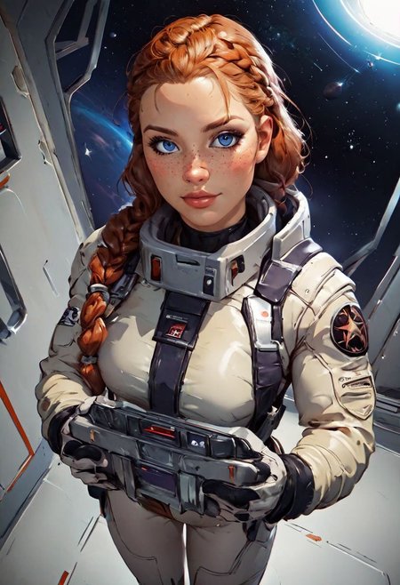score_9,score_8_up,score_7_up,score_6_up, source_illustration, a cute thin girl with long blue braided hair, blue eyes, fair skin, freckles,wearing a (space suit:1.2), small breasts, tattoos; standing in the corridor of a spaceship, looking directly at the viewer, view from above; dimly lit, dark lighting, volumetric soft light, hazy, intricate details, rating_explicit, nostromostyleai, starship interior, space outside, grungy and worn-down spaceship corridors, no windows, nostromostyleai, m41apls, holding a pulserifle,