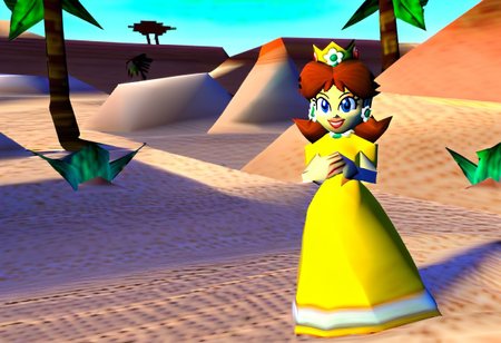 n64zeldastyle, 3d, polygonal, white background, full body, nintendo 64, mario 64, (Princess Daisy:1), standing, outdoors, in desert, brown hair, yellow dress, princess dress, rocks, long dress, solo, sand, palmtrees, facing viewer, smile, full body,