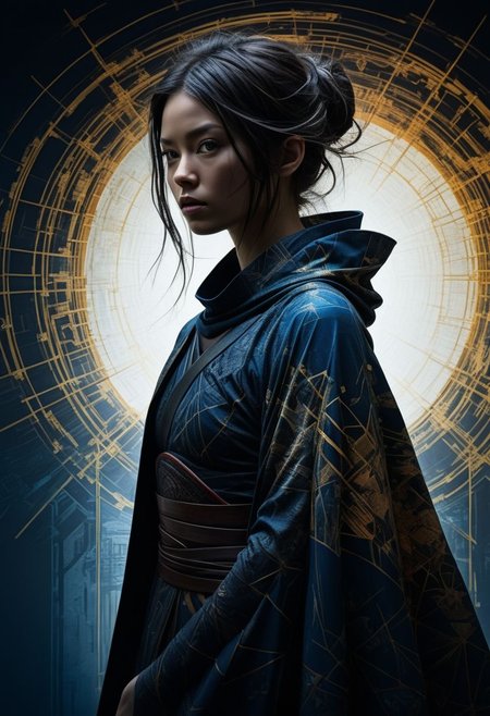 mysterious silhouette samurai woman in cape, in temple, goddess, alluring, by Minjae Lee, Carne Griffiths, Emily Kell, Steve McCurry, Geoffroy Thoorens, Aaron Horkey, Jordan Grimmer, Greg Rutkowski, amazing depth, double exposure, surreal, geometric patterns, intricately detailed, bokeh,  perfect balanced, deep fine borders, artistic photorealism , smooth,  great masterwork by head of prompt engineering   <lora:add-detail-xl:2>  <lora:Double_Exposure:0.5>