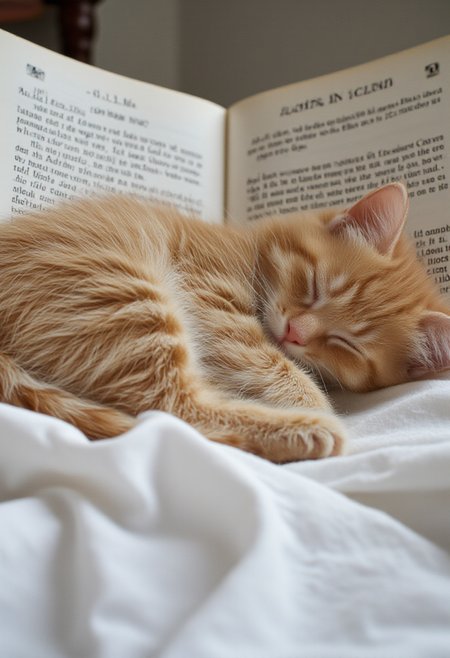 photograph featuring a small, fluffy orange tabby kitten peacefully sleeping on a white blanket. The kitten is curled up on its side, with its eyes closed and paws tucked under its chest, giving it a serene, contented expression. Its fur is soft and slightly tousled, with a mix of orange and cream colors.
The kitten is lying on top of an open book, which appears to be a hardcover book with a white cover and black text. The book's title is "Alice's Adventures in Wonderland," and it has a small illustration of the Cheshire Cat on the front cover. The pages of the book are turned, revealing the text, which is in black ink on white paper.
The background is blurred, focusing attention on the kitten and the book. The white blanket the kitten is lying on has a soft, textured appearance, and the edges of the blanket are slightly visible. The overall setting suggests a cozy, comfortable environment, possibly a bedroom or living room, as indicated by the soft lighting and the presence of a book. The image evokes a sense of tranquility and warmth, capturing a peaceful moment in the kitten's life., <lora:aidmaImageUpraderv0.3:0.4>, aidmaimageupgrader, <lora:diffusion_pytorch_model:1>, <lora:aidmaMJ6.1_v0.5_3:0.7>, aidmaMJ6.1, ultra quality, ultra detailed, intricate details