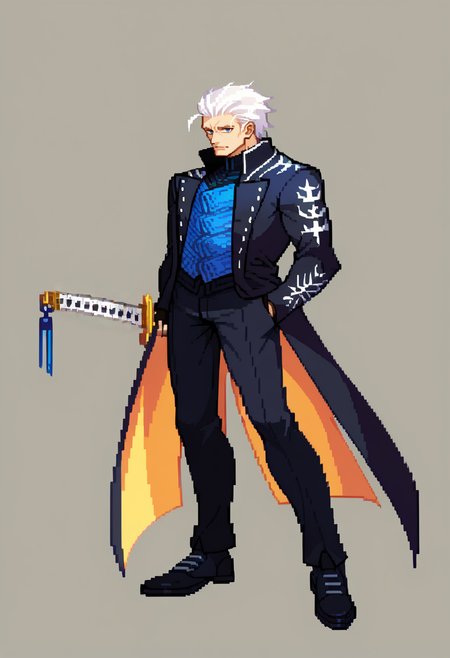 score_9, score_8_up, score_7_up, source_anime BREAK solo, 1boy,  <lora:CPS2-pdxl_Fp:1>, full body, simple background, looking at viewer, pixel art,  <lora:dmc5_vergil_ponyXL:1>, dmc5vergil, black coat, fingerless gloves, pants, white hair, blue eyes, looking to the side, holding, scabbard, sword hilt,