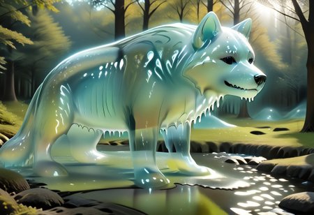 animal_guardian, wolf, black wolf, Wolf made out of black slime, black slime wolf in a forest, forest made out of slime, 
natural light, no bright spots, 
((translucent slime)), ((transparent slime)), made of water, (bioluminescent slime), sl1m3, slime, slime-morph, ais-blmn, saturated colors, no creatures, no humans, no monsters, no pokemon, scenery only, scenery, ral-lava, watce