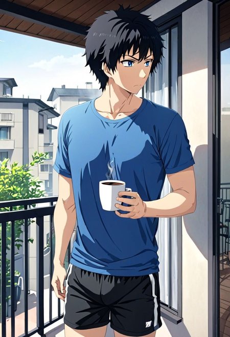 high resolution, solo, best quality, 1Boy, Arata Kaizaki, Black Hair, Blue Eyes, home balcony, morning, cigarette, coffee, t-shirt, shorts, looking away, OverallDetail