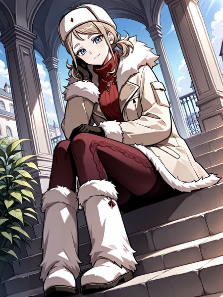 <lora:Omniscient_Readers_Viewpoint__Iris_Vladimirovna_Rebezova:1>
1girl, solo, light brown hair, short twintails, side hair strands, blue eyes, ushanka, 
beige winter coat, fur-trimmed coat, red turtleneck sweater, patterned tights, fur boots, thick gloves, white fur, winter hat, white hat with red gem, long sleeves, layered clothing, 
score_9, score_8_up, score_7_up, very aesthetic, source_anime, detailed, high quality, beautiful, masterpiece, detailed eyes, mansion, plants, flowers, clouds, light smile, dynamic angle, full body, sitting on stairs