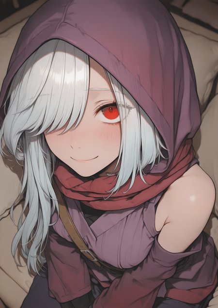 "1girl, solo, sitting, smile, looking at viewer, closed mouth", bedroom 
BREAK
<lora:Tu_Linger_V4:0.8>,Tu_Lingâer, white hair,red eyes, long hair, asymmetrical bangs, side-swept bangs,(hair covering one eye:1.2), hood up, wearing hood, purple hood, red scarf, purple cloak, long purple cloak, 
<lora:illustriousXLv01_stabilizer_v1.165c:0.5>, <lora:aosiai123_style:1> traditional media,  aosiai123_illu,, masterpiece, best quality, amazing quality, very aesthetic, absurdres,  newest,