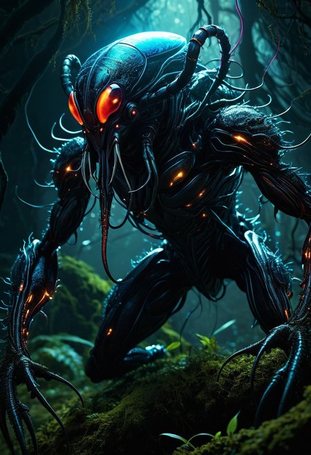 Hyper-realistic vivid digital art. Close-up. Giant mutated bugman rises up from the earth, its body a mass of writhing, pulsing tendrils. High-angle shot. Dark, moody atmosphere with vibrant, neon-like bioluminescence. Tendrils glisten with dew, reflecting light. Earthy, natural textures contrast with eerie, glowing accents. Dramatic, chiaroscuro lighting. Best quality, incredibly detailed, cinematic, intense, frightening, monstrous, eerie, ominous, mysterious, Detailed