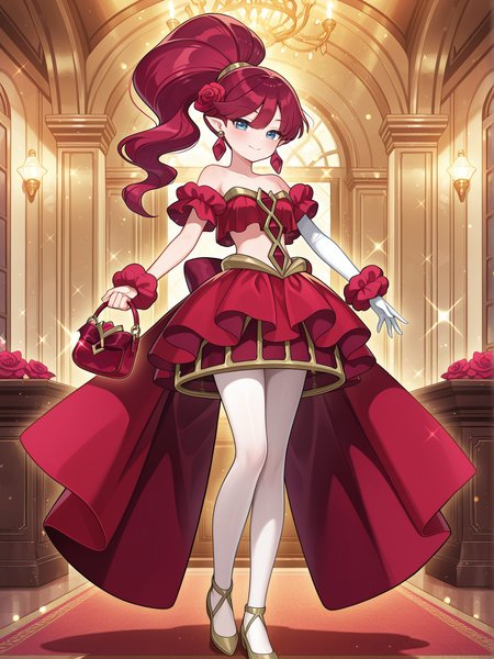 celeb rose witch,1girl,solo,full body,smile,standing,looking at viewer,holding red handbag,red handbag,red crop top,single white elbow glove,red skirt,red earrings,red waist cape,red hair rose,red scrunchie,gold boots,white pantyhose,royal,sparkle,indoors,
masterpiece,best quality,amazing quality,very aesthetic,absurdres,newest,<lora:Celeb Rose Magician & Witch illuXL v1:0.74>,