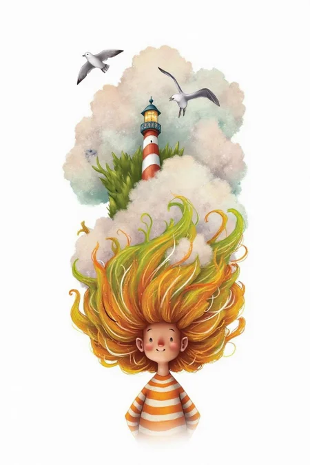 illustration.
A young boy with long, flowing hair that transitions from orange at the roots to green at the tips, blending seamlessly into the landscape. He is wearing a striped shirt with horizontal orange and white stripes. His eyes are closed, and he has a serene, peaceful expression. His hair transforms into a cloud-like structure that supports a lighthouse. There are seagulls flying around the cloud. <lora:alicesa1_cap_d6a3:1.0><lora:830682869019069562:0>