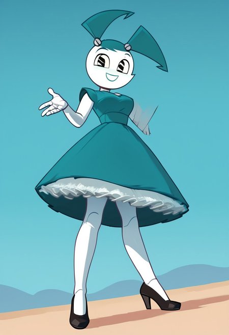 (Masterpiece, best quality:1.2), score_9, score_8_up, flat color, flat shading, soft shading, lighting, Jenny Wakeman as an adult, in a 1950's full length formal blue skirt, a white belt, button down v-neck formal black top, a fluffy frilly ruffled full white petticoat, and black high heels, dress, layered petticoat, frilly petticoat, fluffy petticoat, full petticoat, detailed petticoat ((wide skirt, detailed outfit, flowing skirt, long skirt, solid blue colored skirt, black high heels)), blue hair, series accurate, cute, best high quality, high res, robot, humanoid robot, medium breasts, whole body shot, 1girl, ((solo, outdoors, looking at you, low angle)), cute, seductive, seductive smile, half lidded eyes, low angle shot, cartoon, cartoon style, vector, solo, circle dress, 1950s, whisperfoot_style, dance dress jenny, jenny wakeman, 1girl, solo, robot joints, black eyes, white skin, ponytail, hair bow, blue rose chest corsage, poofy dress, blue hair, flat lighting