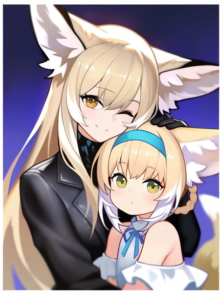 masterpiece, best quality, very aesthetic, highres, absurdres,(miurahha, bacius, ririko \(fhnngririko\):0.4), <lora:vulpisfoglia:1>,blue hairband, suzuran (arknights), white shirt, heads together, one eye closed, looking at viewer, closed mouth, white border, 2girls, smile, material growth, aged down, bare shoulders, purple background, split mouth, black jacket, head on head, ;), black gloves, mother and daughter, carrying person, head rest, scar on cheek, vulpisfoglia (arknights), oripathy lesion (arknights), upper body