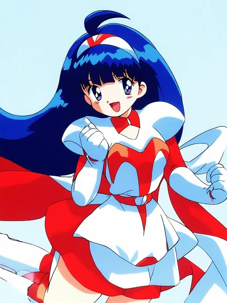score_9, score_8_up, score_7_up, source_anime, rating_explicit, BREAK  <lora:Tsurugino_Hikari_XL:1>Tsurugino_Hikari, long hair, blue hair, 1990s (style), hairband, blue eyes, bangs, ahoge, small breasts,
Tsurugino_Hikari, 1girl, retro artstyle, solo, 1990s (style), open mouth, cape, boots, armor, smile, knee boots, simple background, gloves, skirt, dress, pauldrons, looking at viewer, shoulder armor
