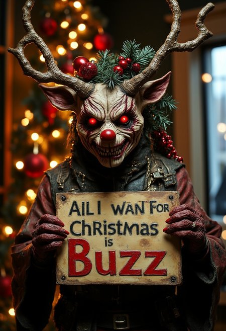 "All I want for Christmas is Buzz", A horrific, Christmas-themed Xmasdemon, monster with antlers and decorations on its head, is holding a sign in front of a christmas tree, horrorcore,   dark fantasy, photorealistic, hyper-realistic, christmascore