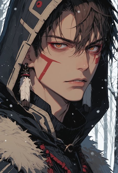 score_9, score_8_up, score_7_up,source_anime,1boy,solo,intense brown hair,short hair,pompadour haircut,hair between eyes,brown eyes,perfecteyes,eyebrows,tribal clothes,((wearing a hood)),fur hood,tribal earrings,red face marking,snow,snowing,tree,looking at viewer,sinozick,flat colors