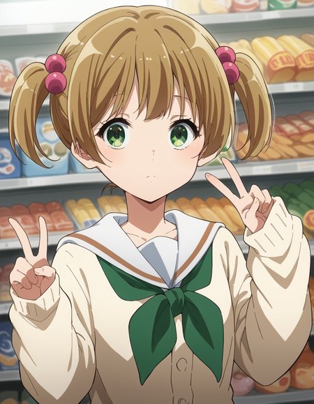 score_9, score_8_up, score_7_up, source_anime, <lora:satsuki-suzuki-s3-ponyxl-lora-nochekaiser:1>, satsuki suzuki, short hair, bangs, brown hair, hair ornament, twintails, green eyes, light brown hair, hair bobbles,, long sleeves, school uniform, serafuku, sailor collar, neckerchief, sleeves past wrists, cardigan, white sailor collar, kitauji high school uniform, green neckerchief, skirt, pleated skirt, brown skirt,, supermarket, aisles, shopping, food, shelves, , v, v over eyes,, looking at viewer, solo,, dutch angle, cowboy shot