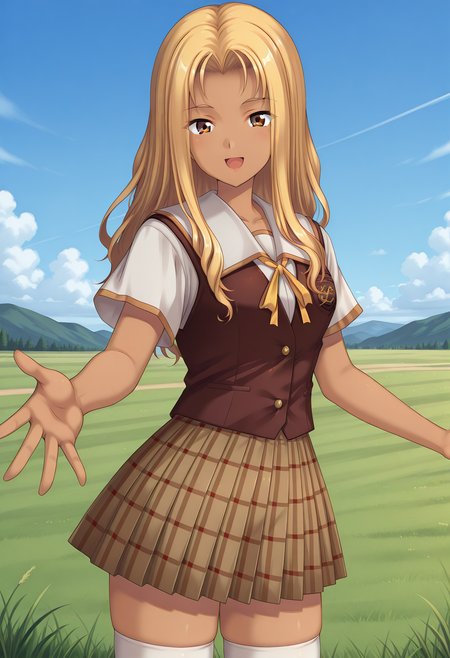 kuon_kyoko, brown eyes, blonde hair, long hair, dark-skinned female, dark skin, school uniform, white sailor collar, white shirt, brown vest, short sleeves, plaid skirt, brown skirt, white thighhighs, zettai ryouiki, <lora:kuon_kyoko_illustrious_ver1:0.8> 
smile, open mouth,, masterpiece, best quality, very aesthetic, absurdres,, general,, 1girl, solo, blue sky, (grasslands:1.2), looking at viewer,, (cowboy shot, dynamic pose:1.4),