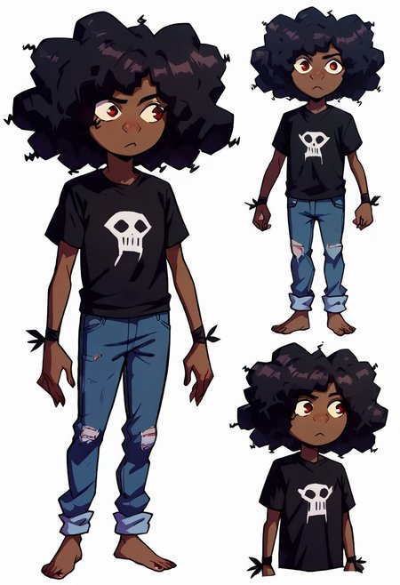 score_9, score_8_up, score_7_up, 1girl, solo, cartoon,
easynegative, conceptart, multiple views, full body, profile pictures, white background, simple background,  , simple background, 
brown skin, red eyes,  curly black hair, massive afro, short female,cuffed grey jeans, black T-shirt, blue wolf-skin hood, two pieces black fabric tied around wrists,<lora:Wolf_AoW:1>, five fingers, perfect anatomy, flat chest, child