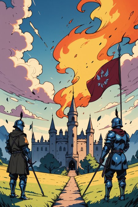 outdoors, weapon, castle, fire, cloud, tree, 6+boys, sky, armor, helmet, cloudy sky, polearm, medieval, sword, scenery, multiple boys, burning, soldier, war, holding weapon, flag, grass, standing, holding, spear, army, holding polearm, day, a_Comic_Illustration, rough lines with ink, (drawn:1.1), (sketch:1.5), (crosshatching:1.25), (comic style:1.1), graphic novel style, sharp lines, hires, zstyle, (western comics \(style\):1.1), (hatching \(texture\):1.2), zPDXL, Mr_Monster_Possitive, <lora:Expressive_H:0.5>, score_9, score_8_up, score_8_up,