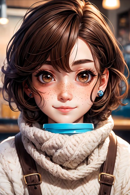 closeup, face, portrait, upper body, 
freckles, 
shy, blush, 
(short brown hair:1.1), 
(coffee shop:1.1), 
(brown eyes:1.4), 
cozy, detailed eyes, winter sweater, 
<lora:more_details:0.35>
 <lora:Cosmic anime-oil fusion v2:0.35> 
<lora:AnimeVibesV3:0.5> animevibes, 
<lora:3DMM_V11:0.6> 3DMM 
<lora:midjourney_20230624181825:0.4> midjourney, shiny, shiny hair, shiny skin, shiny clothes