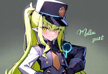 1girl, Melusine \(fate grand order\), fate grand order, solo, long hair, hat, white hair, pointy ears, yellow eyes, peaked cap, jacket, black gloves, hand on own hip, closed mouth, hair over one eye, looking at viewer, brown necktie, large breasts, eyes visible through hair, smile, long sleeves, ponytail, gloves, upper body, light green hair, character name, necktie, breasts, english text, blush, black headwear, white jacket, 
masterpiece,best quality,  newest, absurdres, safe <lora:ag31_twin_fp8-000036:1>