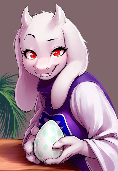 1girl, solo, Toriel, white fur, red eyes, simple background, leaning back, held out, giving egg to viewer, egg on top of palm, raised eyebrow, silly grin, looking at viewer, side view, happy eyes, close up, sitting at table, 