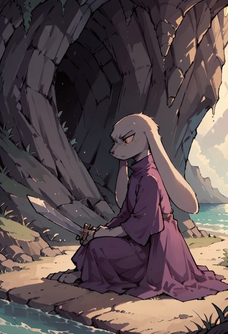 score_9,score_8_up,score_7_up, cave, shadow, lighting, king, purple dress, long ears, side view, ocean, looking down at the water, sword on the ground, sitting on the ground